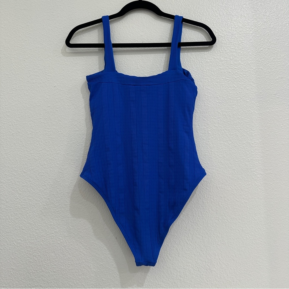 L* Space Bright Blue One- Piece Swimsuit with Ribbed Texture V Notched Detail - Picture 4 of 7